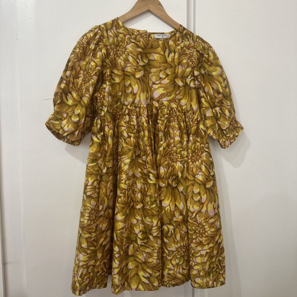Kika Vargas x Target Mini Babydoll Dress Gold Floral Mum Print Puff Sleeve M